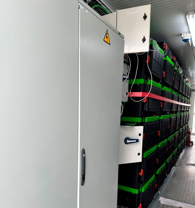 Interior of the container with electrical switchboard and lithium-ion batteries